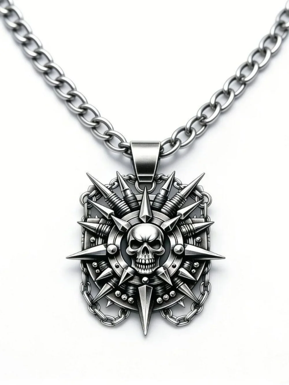 Mens stainless steel spiked skull pendant necklace gothic